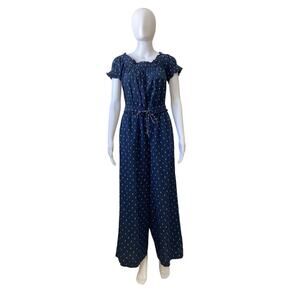 Anthropologie Women’s Blue Printed Jumpsuit Short Sleeve Waist Tie Size Small